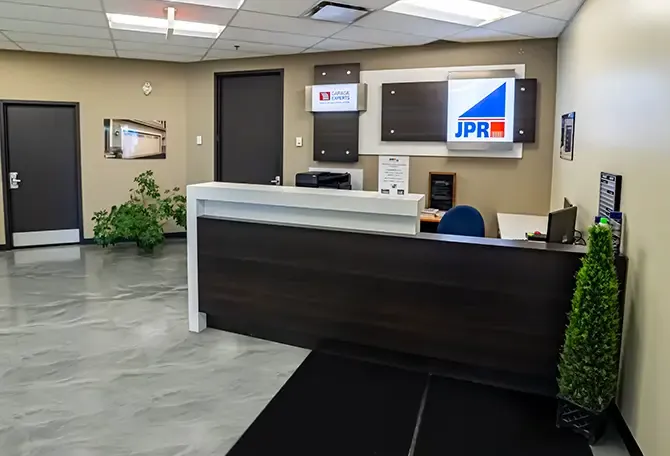 Office reception with a counter and sign