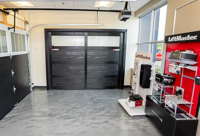 Garage doors and openers in a showroom